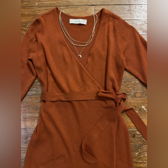 Abercrombie & Finch Burnt Orange Ribbed Knit Sweater Wrap midi Dress - Picture 4 of 5
